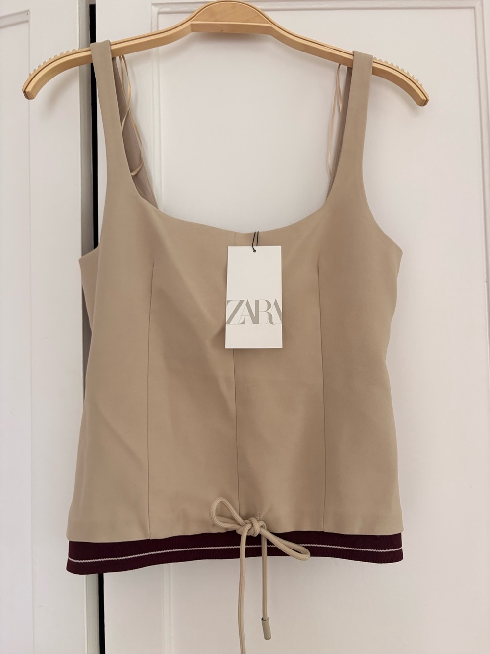 ZARA Beige Tank Top with Burgundy Contrast Hem